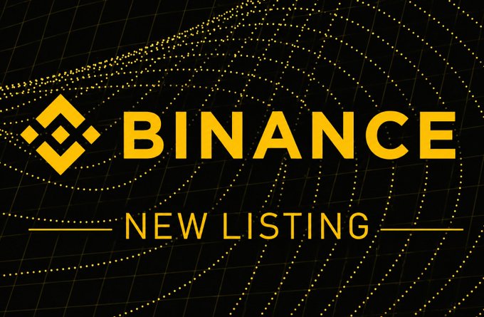 A Binance promotional graphic displaying the text 'BINANCE NEW LISTING' in yellow on a black background with a wave pattern.