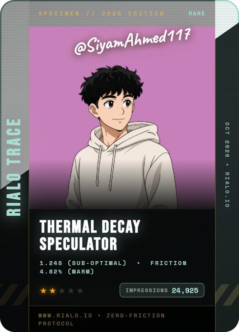 A digital trading card-style image labeled 'RIALO TRACE' featuring an anime-style illustration of a young man with dark curly hair in a gray hoodie, with text reading 'THERMAL DECAY SPECULATOR,' '@SiyamAhmed117,' 'RARE,' '1.24S (SUB-OPTIMAL),' '4.82% (WARM),' 'FRICTION,' and 'IMPRESSIONS 24,925.'