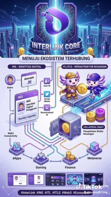 An infographic titled 'INTERLINK CORE' in Indonesian describing a connected ecosystem featuring INS (digital identity), ITL/ITLG (financial infrastructure), and applications including dApps, Gaming, Finance, and Metaverse.