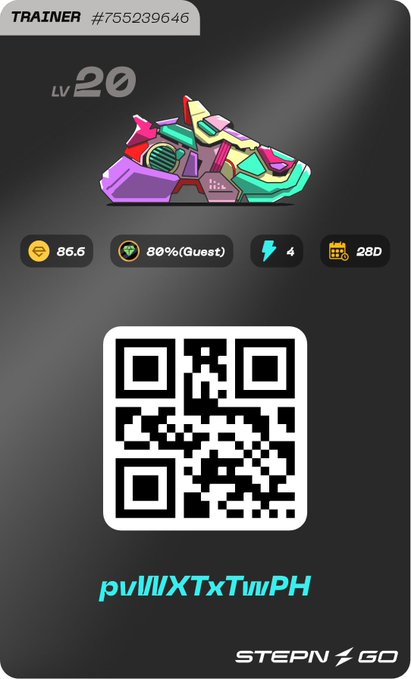 An image showing an electronic device with a QR code. The text on the screen reads "I will give bonus GGT if you use 100% of the energy. 80% Trainer 4 energy #STEPNGO @Stepnofficial". This means that there is a reward system, and if you utilize all your energy during training sessions, you can receive points which may be redeemed for a G GT (Green G GT). The program uses an electronic trainer to track user performance and energy consumption.