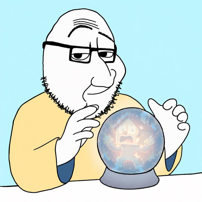 A cartoon drawing of a bald, bearded man with glasses looking into a crystal ball that displays a shocked cartoon character inside it.