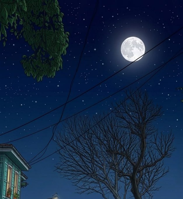 An illustrated night sky scene featuring a full moon, scattered stars, silhouettes of bare tree branches, power lines, and a small house with a lit window.