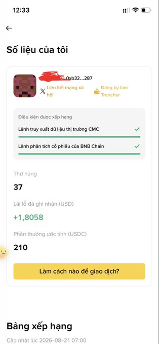 A Vietnamese mobile app interface titled 'Số liệu của tôi' displaying user profile data, including a rank of 37, estimated earnings of '+1,805$', and a reward of '210 USDC'.