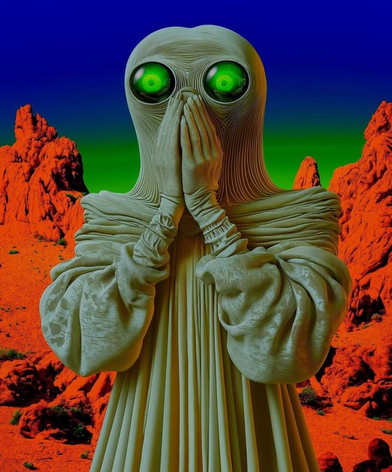 A surreal 3D rendering of a hooded figure with glowing green eyes covering its mouth, set against a vibrant background of red rocky desert terrain and a blue and green sky.