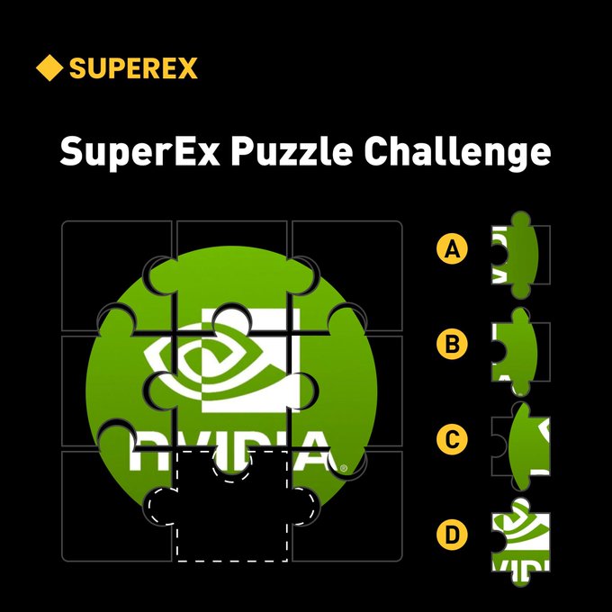 The image shows a "SuperEx Puzzle Challenge" featuring a 4x4 jigsaw puzzle of the green NVIDIA logo, with four labeled missing piece options (A, B, C, D) on the right side, where option D appears to be the correct answer that would complete the logo's distinctive eye pattern.