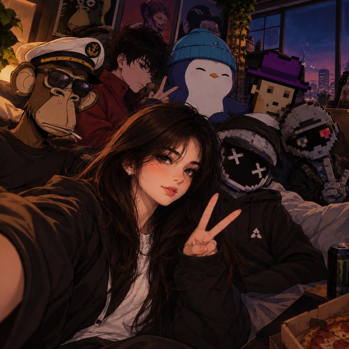 An anime-style illustration depicts a young woman with long dark hair taking a selfie with a peace sign, surrounded by characters including a pirate monkey, a person in red, a cute blue penguin, a figure with a purple pixelated hat, and a hooded figure with X eyes, with a city skyline visible through the window.