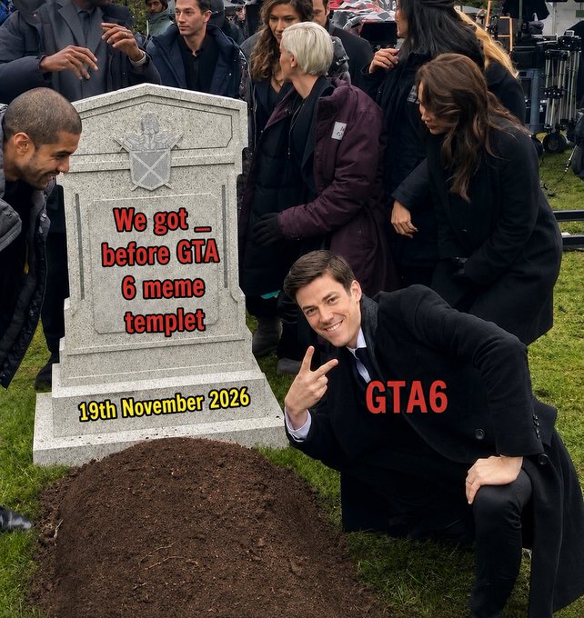 A young man in a black coat smiles and gives a peace sign next to a tombstone reading "We got _ before GTA 6 meme templet" with the date "19th November 2026," humorously labeled "GTA6." The meme image has no direct connection to the accompanying post about PhoenixTrade and the Solana hackathon.