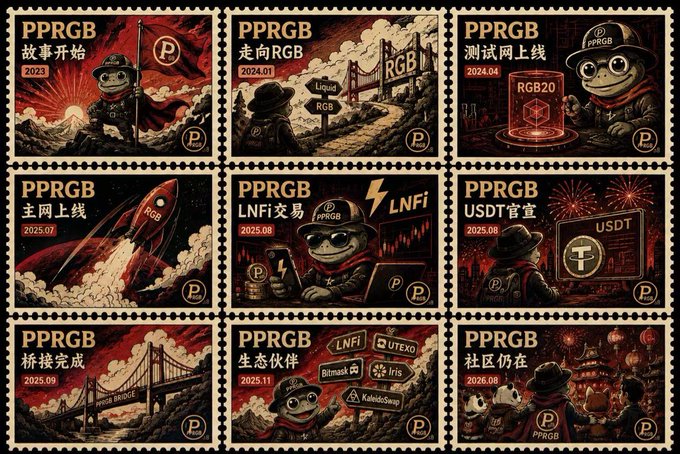 A 3x3 grid of postage stamp-style illustrations commemorating PPRGB milestones from 2023 to 2026, including 故事开始 (2023), 走向RGB (2024.01), 测试网 (2024.04), 主网上线 (2025.07), LNFi交易 (2025.08), USDT官宣 (2025.08), 桥接完成 (2025.09), 生态伙伴 (2025.11), and 社区仍在 (2026.08).