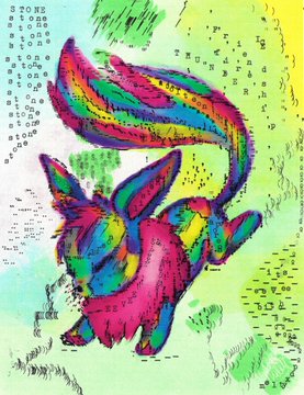 A vibrant, multicolored artistic illustration of a fox-like creature with a flowing rainbow tail, surrounded by handwritten text on a green background.