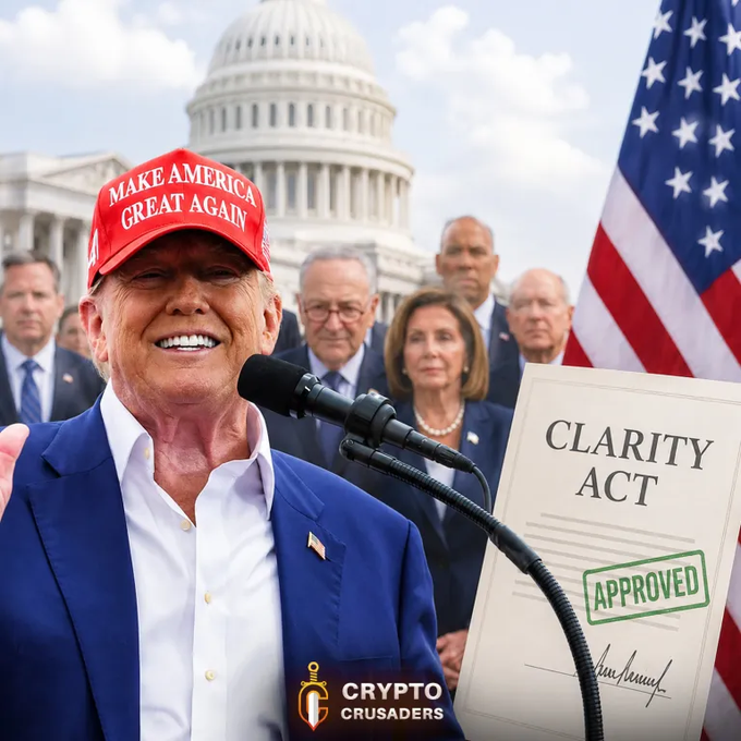 A man wearing a "Make America Great Again" cap speaks at a podium in front of the U.S. Capitol, while several politicians stand behind him and a document labeled "CLARITY ACT" with an "APPROVED" stamp is prominently displayed beside an American flag. The image visually reinforces the post's claim that the Clarity Act is gaining bipartisan support and moving toward approval, with the "Crypto Crusaders" watermark tying it to XRP advocacy.