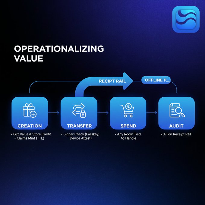 In this dark blue screen-based presentation, there's a flowchart representing operationalizing value with four steps. At each step, you can see different items related to operations such as gift value (Gift Value), transfer of data (Receipt Rail), spending (Audit P), and completing the process (Completing the Process). The title "operationalizing value" is placed at the top of this flowchart, and it appears that there are two more steps in the process.