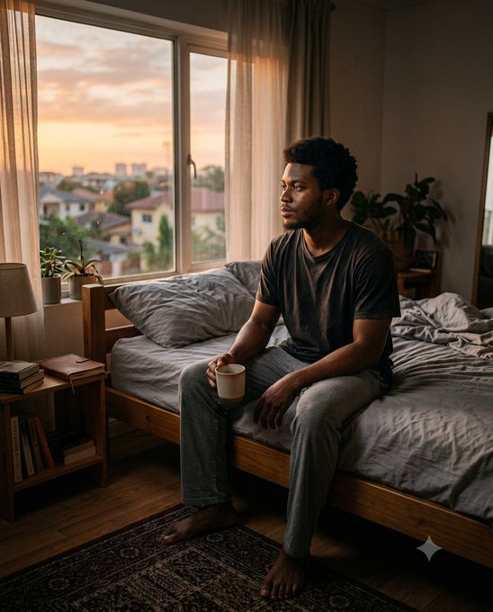 A young man in a dark t-shirt and gray sweatpants sits on the edge of a bed holding a mug, gazing out a large window at a sunset cityscape in a warmly lit bedroom.