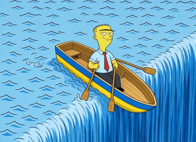 A cartoon illustration of Bart Simpson in a wooden boat rowing toward the edge of a waterfall, referencing M.C. Escher's "Waterfall".