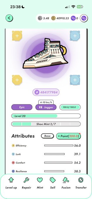 A mobile game interface displaying an Epic Jogger sneaker NFT at Level 20, with attributes for Efficiency (56.0), Luck (39.1), Comfort (54.2), and Resilience (38.3), showing various action buttons at the bottom.