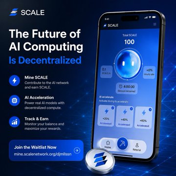 An advertisement for "SCALE" promoting "The Future of AI Computing Is Decentralized," showcasing features like "Mine SCALE," "AI Acceleration," and "Track & Earn," with a call-to-action to join the waitlist at mine.scalenetwork.org/gridmiles and a display of a smartphone app interface showing acceleration metrics.