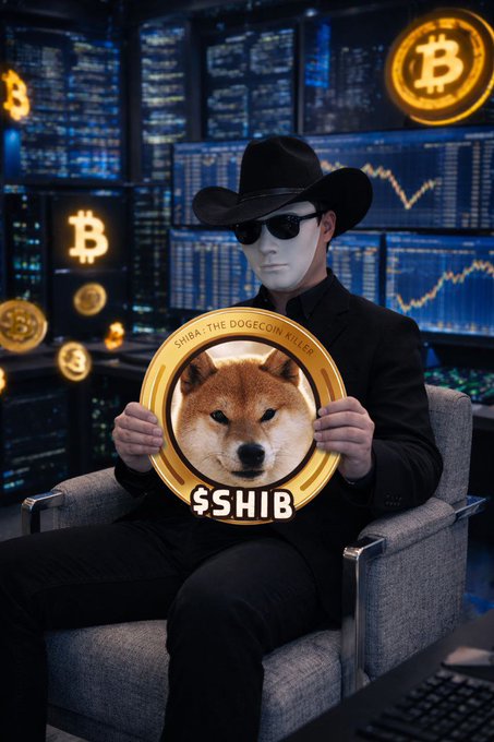 A digitally composed image of a man in a black cowboy hat and sunglasses holding a large gold "$SHIB" coin featuring the Dogecoin-style Shiba Inu dog, set against a backdrop of cryptocurrency trading screens.