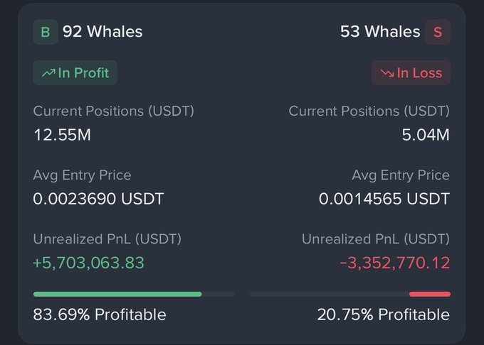 A cryptocurrency analytics dashboard showing 92 whales in profit (Current Positions 12.55M USDT, Avg Entry Price 0.0023690 USDT, Unrealized PnL +5,703,063.83, 83.69% Profitable) and 53 whales in loss (Current Positions 5.04M USDT, Avg Entry Price 0.0014565 USDT, Unrealized PnL -3,352,770.12, 20.75% Profitable).