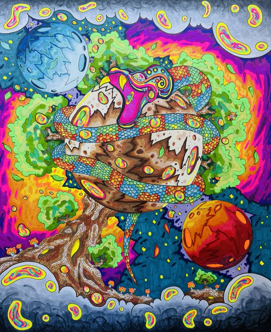 Vibrant psychedelic artwork featuring a colorful snake coiled around a textured planet or egg, set against a swirling cosmic background with a tree, mushroom, and second planet.