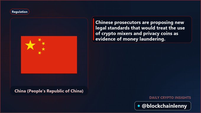 A regulation news graphic from 'DAILY CRYPTO INSIGHTS' by @blockchainlenny stating 'Chinese prosecutors are proposing new legal standards that would treat the use of crypto mixers and privacy coins as evidence of money laundering,' alongside the China flag.