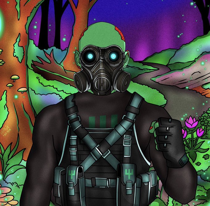 A green-skinned figure wearing a tactical gas mask and black vest with the number "4" is set against a vibrant neon forest backdrop. The post suggests this stylized artwork is NFT-style promotional content for the $YARD token launch.