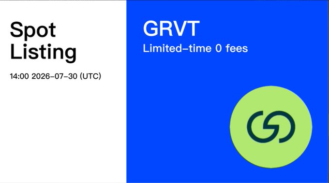 A crypto exchange listing announcement for 'GRVT' with 'Limited-time 0 fees' and 'Spot Listing' at 14:00 2026-07-30 (UTC).