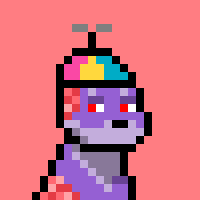 Pixel art of a purple creature with a colorful party hat, red eyes, and a wide smile against a solid red background.