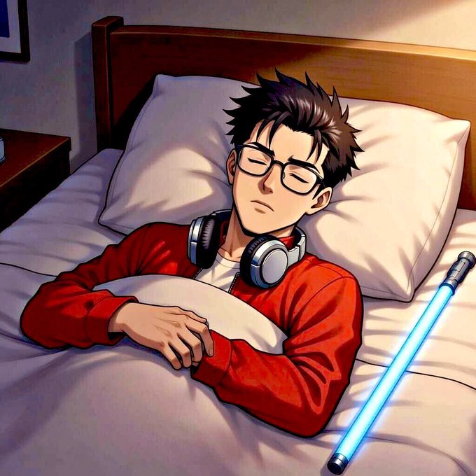 The image features a man wearing glasses and headphones laying down on a bed with white sheets. The man appears to be sleeping or taking a nap while listening to music through his headphones. In the background of the image, there are two blue lights that seem to be emitting from a device. The caption for this image reads: "Gn gTria @useTria : Turning Crypto Into Everyday Money Many people buy crypto and keep it in their wallets, but few actually use it in daily life. That'S the problem Tria is trying to solve @useTria".