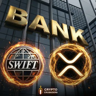 The image features a large building with a sign that says "Bank" written in gold letters, along with two logos - one of a globe and the other of an X. The text above these logos reads "BREAKING!! SWIFT confirms 25+ banks going live NOW by using crypto and $XRP for 24/7 cross-border payments!". This suggests that the image is promoting a new feature or service offered by a bank, which allows users to send money across borders using cryptocurrency like Bitcoin.