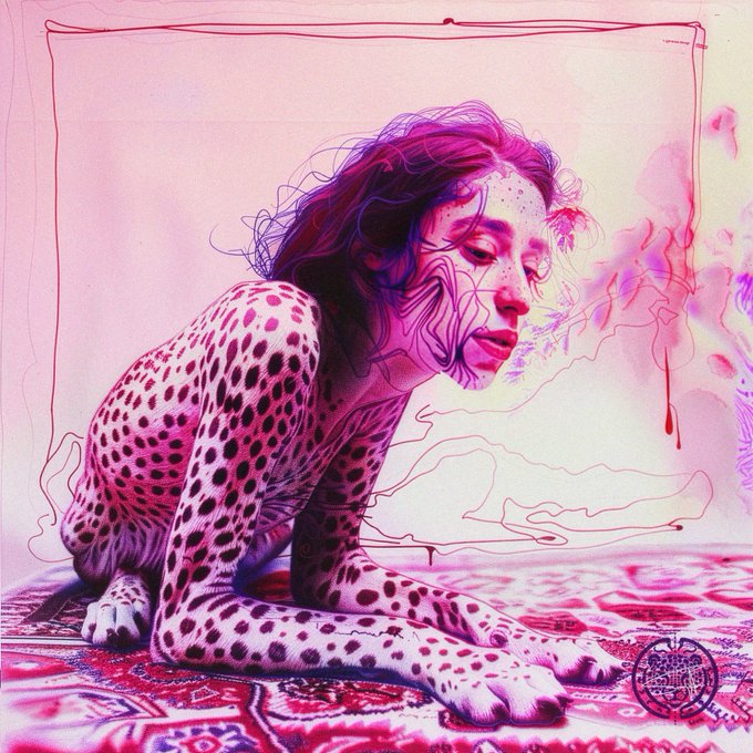 An artistic, surreal image of a woman with spotted body paint resembling a cheetah, posed on her hands and knees on a patterned rug. The artwork has a pink and purple color palette with sketchy line elements.
