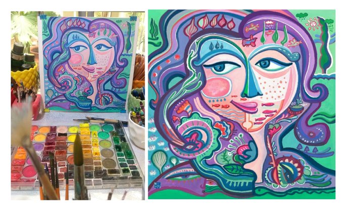 A side-by-side view of a vibrant psychedelic painting featuring two faces with flowing colorful hair, shown both as a finished artwork and in-progress with a watercolor palette and brushes visible.