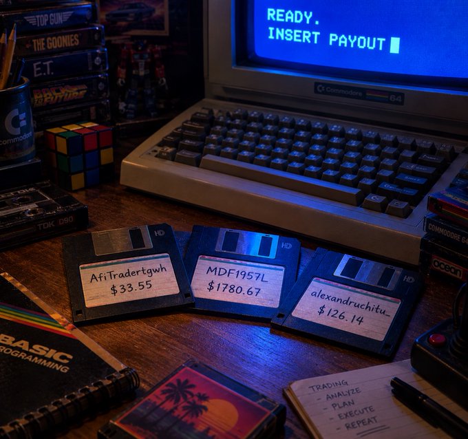 A retro scene featuring a Commodore 64 computer monitor displaying 'READY. INSERT PAYOUT', next to three floppy disks labeled 'AfiTradertgwh $33.55', 'MDF1957L $1780.67', and 'alexandruchitu $126.14'.