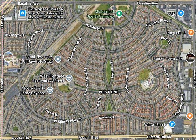 This is a satellite map of the West End neighborhood, featuring locations like McDermott Sports Complex and West Heritage Elementary School. The image relates to the post by illustrating the concept of "wasting time" or being "lost" in a complex, maze-like layout, mirroring the frustration of navigating deprecated code.
