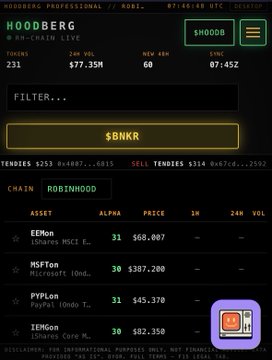 A Hoodberg Robi terminal displaying real-time crypto/DeFi yield farming data for $BNKR chain (Robinhood), showing assets like EEMon, MSFton, PYPLon, and IEMon on iShares MSCI E and PayPal/Core M ETFs.