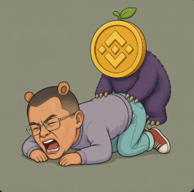 A cartoon illustration depicts a crying figure wearing glasses being squashed from behind by a larger character whose head is replaced by a giant golden Binance (BNB) coin symbol.