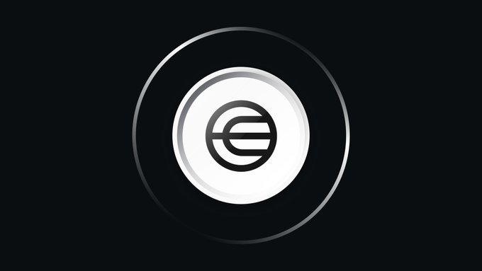 A grayscale circular logo featuring the letter 'e' centered on a black background.