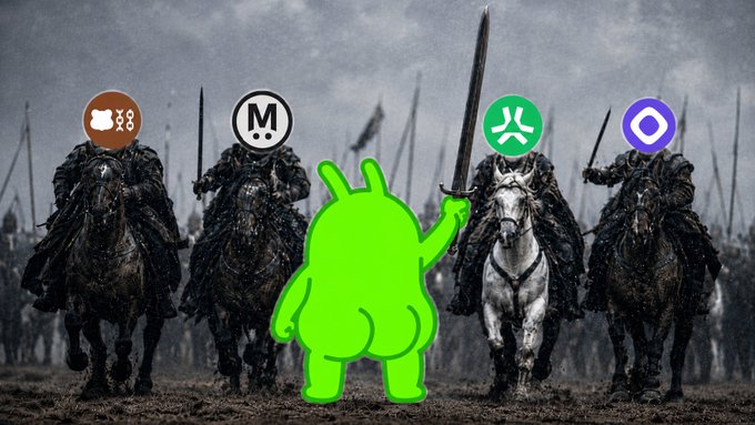 The image features a cartoon character, likely a green alien or robot, standing next to four horses with swords on their heads. The character appears to be pointing towards the horses while holding up a sword. In the background of the image, there are several other characters and objects that seem unrelated to the main scene. The post includes text that reads "Project X @prjx_hl 在过去 24 小时内的费用超过了以下所有项目总和: Berachain, MegaETH, Abstract, Monad".