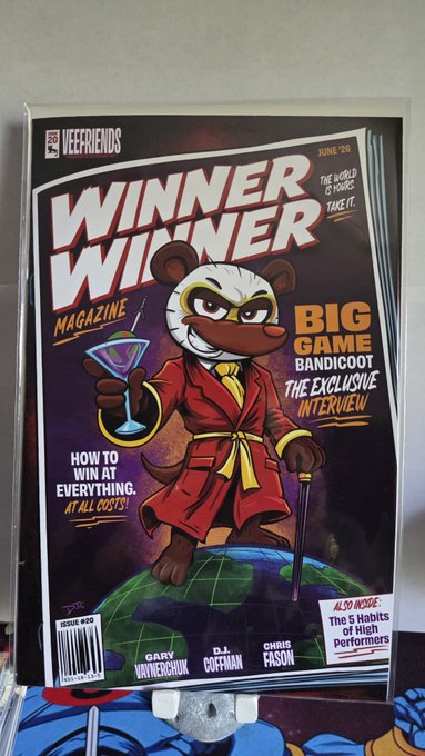 A magazine cover for 'Winner Winner Magazine' issue #20, dated June '98, features a cartoon bear mascot in a red robe holding a martini glass, with headlines including 'BIG GAME BANDICOOT THE EXCLUSIVE INTERVIEW.'