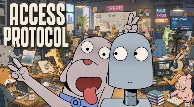 The image features a cartoon robot with its tongue sticking out, surrounded by various cartoon animals such as a giraffe, elephant, dog, pig, and cow. The scene takes place in an office setting where several people are working at desks or standing around. There is also a book visible on one of the desks. The text "Access Protocol" is written above the robot's head, indicating that it is part of the Access Protocol series.