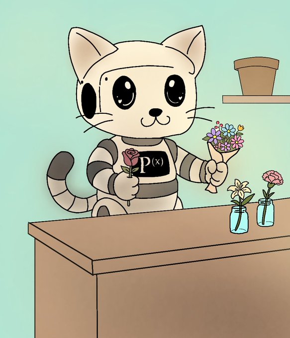 A cartoon cat character wearing a striped shirt and a black tank top with "P(x)" printed on it, holding a rose and a bouquet of flowers behind a wooden counter with vases.
