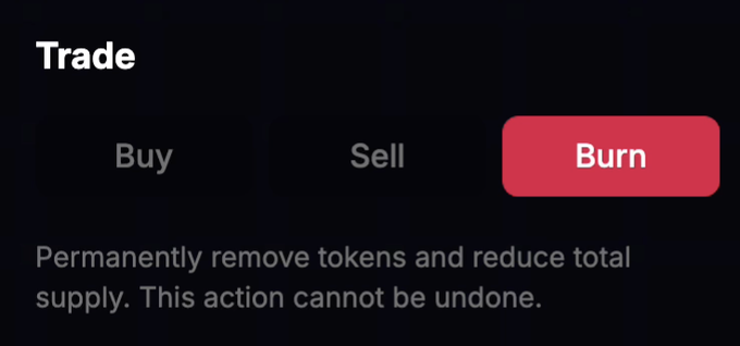 A digital interface displays a 'Trade' menu with options for 'Buy', 'Sell', and 'Burn', with the 'Burn' option highlighted in red alongside text explaining it permanently removes tokens and reduces total supply.