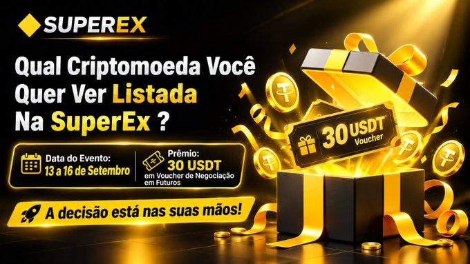A promotional advertisement for SuperEx cryptocurrency exchange featuring a golden gift box with a 30 USDT voucher, inviting users to vote on which cryptocurrency they want to see listed on the platform between September 13-16, with the tagline "A decisão está nas suas mãos!" (The decision is in your hands).