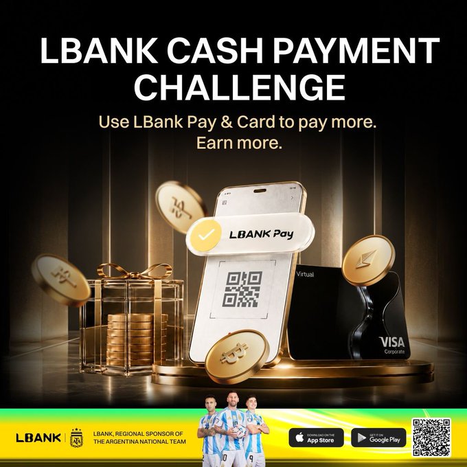 A promotional banner for the "LBANK CASH PAYMENT CHALLENGE" encouraging users to "Use LBank Pay & Card to pay more. Earn more," featuring a smartphone displaying a QR code alongside gold coins and a Visa card, with imagery of Argentine national team players at the bottom. The ad highlights LBank as a regional sponsor of the Argentina National Team and offers rewards like Real USDT for using their payment services.