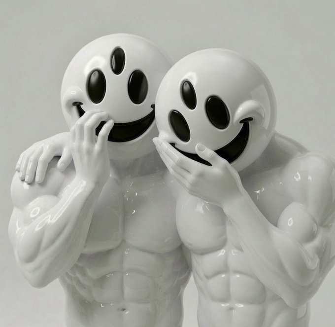 Two glossy white sculptural figures with black smiley faces and muscular bodies, one covering its mouth in a giggling gesture while the other rests a hand on its companion's shoulder.