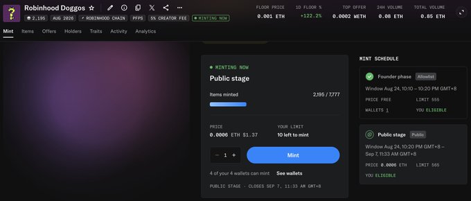 A screenshot of OpenSea's mint page for the "Robinhood Doggos" NFT collection, displaying a "Minting Now" status with 2,395/7,277 items minted at 0.0005 ETH each, and showing mint schedules for both Founder phase and Public stage phases.