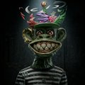 A dark, stylized illustration of a sinister cartoon character with a wide menacing grin, striped shirt, and a glowing magical hat radiating colorful energy.