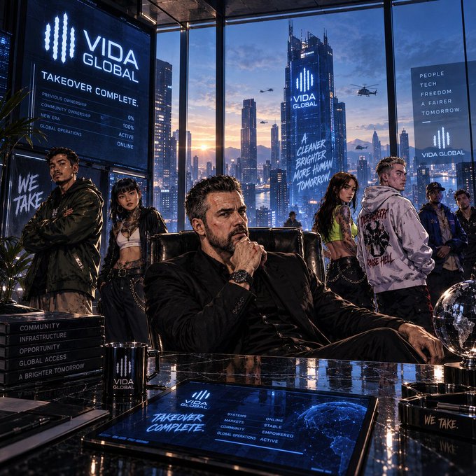 A man in a black suit sits confidently at a desk labeled "VIDA GLOBAL – TAKEOVER COMPLETE," flanked by his team in a high-rise office overlooking a city skyline, with screens displaying "A Cleaner, Brighter, More Human Tomorrow" and "PEOPLE TECH FREEDOM A FAIRER TOMORROW" — visualizing the post's message that VIDA Global answered the call, but in a dramatic, usurping manner rather than the expected response.