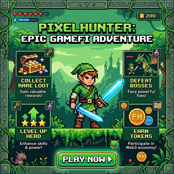 A pixel-art style game advertisement titled 'PIXELHUNTER: EPIC GAMEFI ADVENTURE' shows a hero with glowing blue swords, featuring icons for 'Collect Rare Loot,' 'Defeat Bosses,' 'Level Up Hero,' and 'Earn Tokens,' along with a 'Play Now' button.