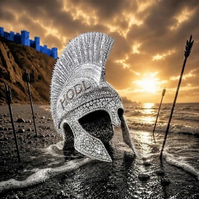 A weathered Spartan-style helmet sits on a beach at sunset with arrows stuck in the sand around it, bearing the text "HODL" across its crest—visually reinforcing the post's message that strength and endurance in crypto (like in battle) come from holding firm and keeping the answer "right in front of you."