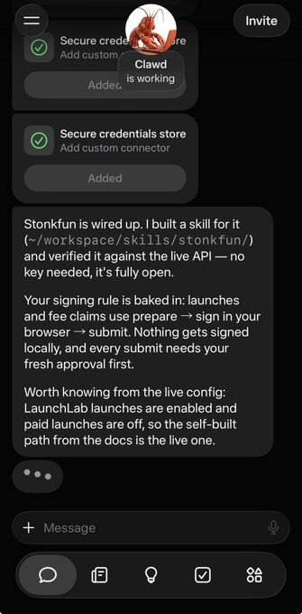 A chat interface screenshot showing a message from 'Clawd' (with an octopus avatar) stating 'Stonkfun is wired up' and explaining built skills, live API verification, and signing rules for launches and fee claims, with 'Secure credentials store' marked as added.