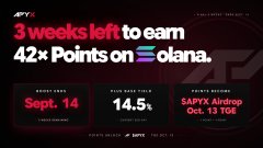 Hyperliquid promotional graphic showing '3 weeks left to earn 42× Points on HYPE/USDC olana' with Sept. 14 date, 14.5%, and $4PTS Airdrop details.